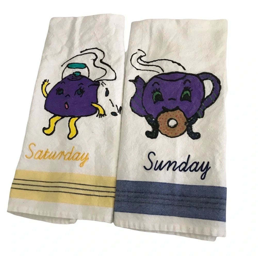 VINTAGE Flour Sack Dishtowels Saturday Sunday Embroidery